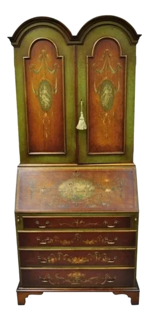 Antique English Adams Style Hand Painted Double Bonnet Bookcase Secretary Desk