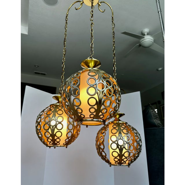 Trio (3) Mid-Century Hollywood Regency Pierced Brass Cluster Pendant Chandelier $4,500 For Sale - Image 11 of 18