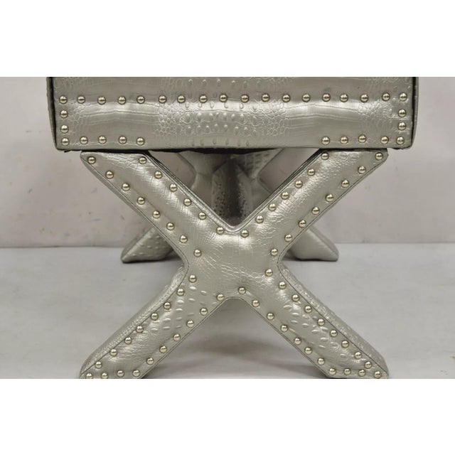 Early 21st Century Decorator Hollywood Regency Faux Croc Silver X-Base Nailhead Trim Bench Stool For Sale - Image 5 of 11