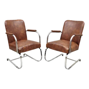 Vintage Lloyd Mfg Kem Weber Art Deco Steel Cantilever Lounge Chairs - a Pair