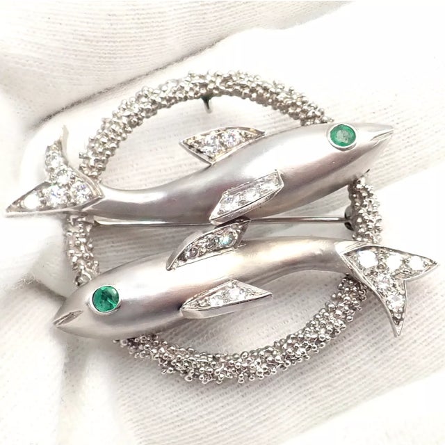 Late 20th Century Cartier White Gold Platinum Diamond Emerald Zodiac Pisces Fish Brooch Pin/Pendant For Sale - Image 12 of 12