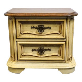 Stanley Furniture Solid Pecan Antiqued Yellow Cream Painted Mediterranean 27" Two Drawer Nightstand For Sale