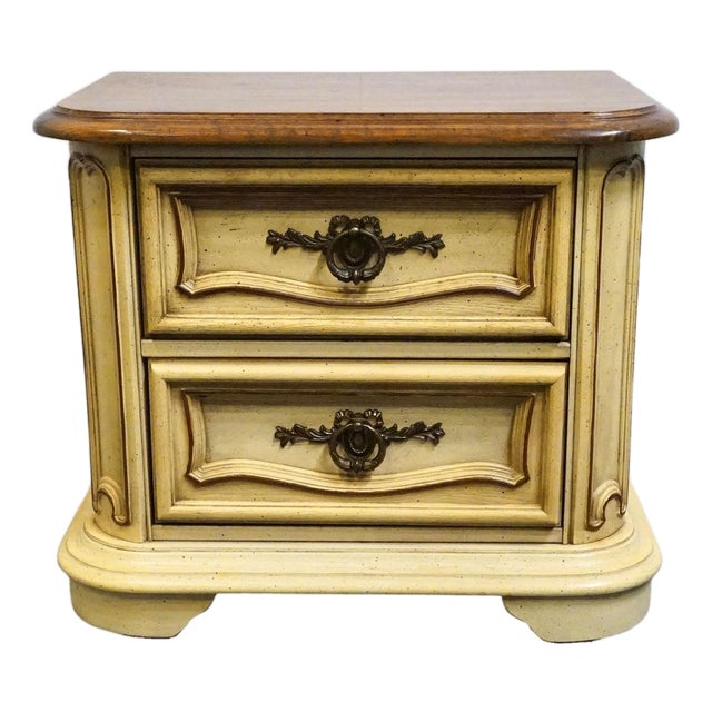 Stanley Furniture Solid Pecan Antiqued Yellow Cream Painted Mediterranean 27" Two Drawer Nightstand For Sale