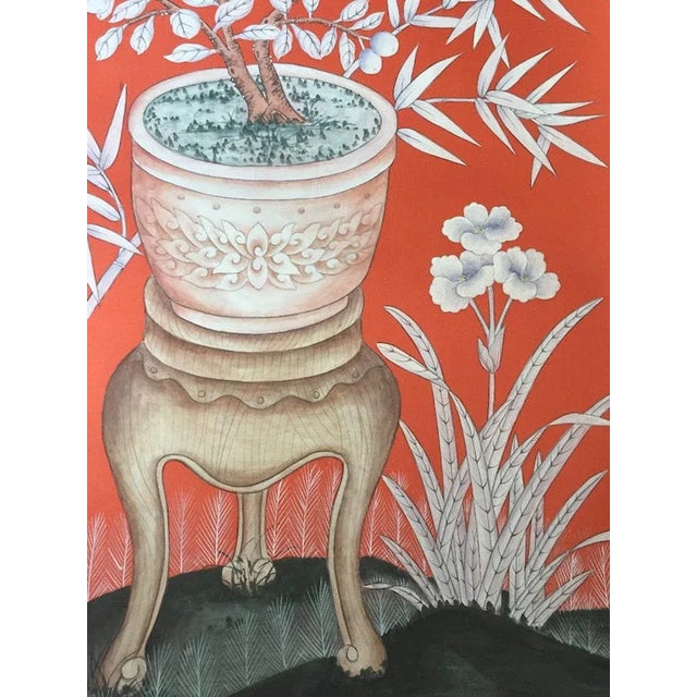 36"x108" Hand-Painted Silk Chinoiserie Wallpaper Panel in Orange Red on Sale For Sale - Image 6 of 7