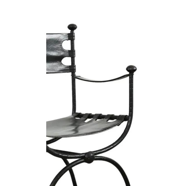 C.1950's Italian Giacometti-Style, Hand-Forged Savonarola Curule Legged & Leather Sling Arm Chair For Sale - Image 11 of 18