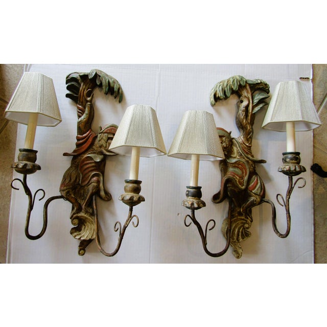 Mid-Century Modern Opposing Pair of Polychrome Hand Carved Wood and Iron Monkey Wall Sconces C 1920 For Sale - Image 3 of 16