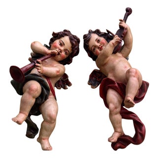 Musical Angels in Carved and Polychromed Wood by Arte Granda, Set of 2 For Sale