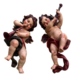 Musical Angels in Carved and Polychromed Wood by Arte Granda, Set of 2