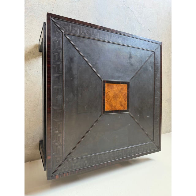 Vintage Hollywood Regency Asian-Inspired Greek Key Bronze & Mahogany Square Coffee Table For Sale - Image 10 of 12