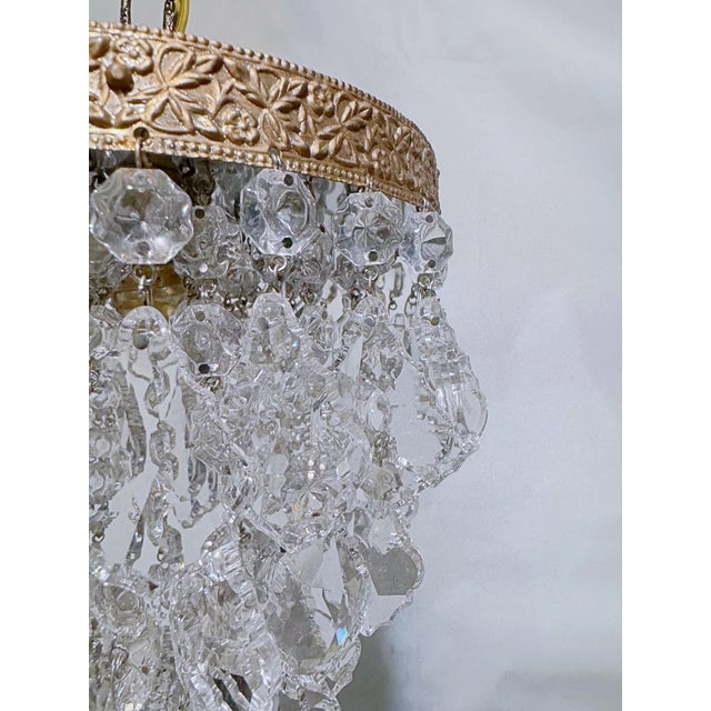 Vintage Filigree Floral Brass Rim With French Pendalogue Crystal Chandelier For Sale In New York - Image 6 of 8