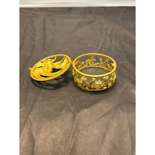 Past Times Round Brass Calla Lily Trinket Box Enamel Rhinestone Art Nouveau VTG For Sale - Image 9 of 12