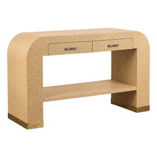 1970s Modern Waterfall Grasscloth Wrapped Console Table or Desk - Springer Style For Sale