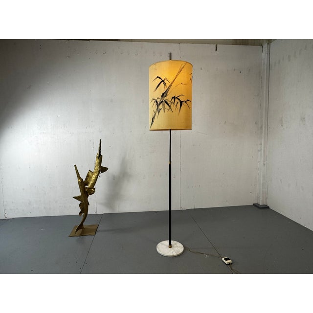 Mid-Century Modernist Italian Floor lamp with marble base and original Japanese decor, silk shade, and beautiful brass...