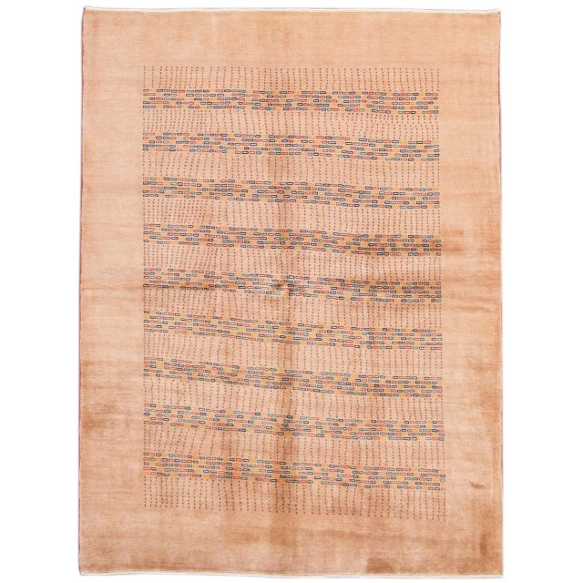 Textile Peach Modern Gabbeh Handmade Wool Rug With Geometric Pattern For Sale - Image 7 of 7