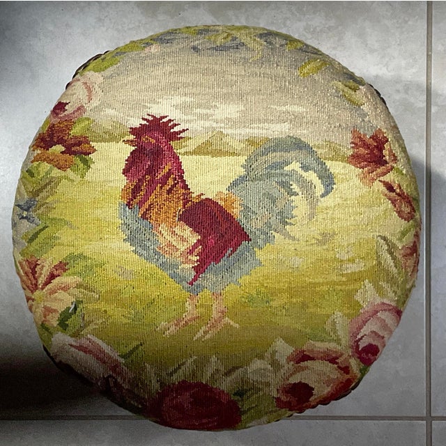 Red Vintage French Tapestry Footstool – Hand-Made Rooster & Floral Needlepoint. For Sale - Image 8 of 14