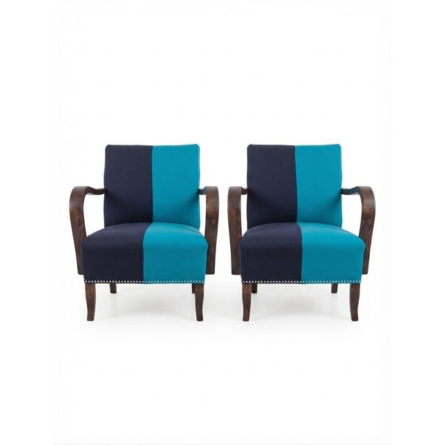 1940s Vintage Hungarian Rumba Lounge Chairs in Two-Tone Navy Blue and Turquoise Fabric with Wooden Frames, Set of 2 For Sale - Image 5 of 5