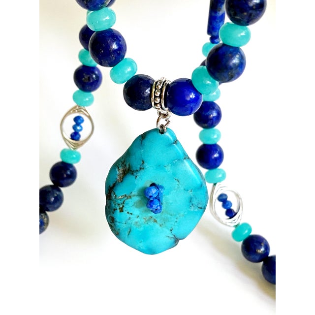 Artisan One-of-a-Kind Gemstone Necklace With Vintage Arizona Turquoise, Lapis Lazuli & Blue Chalcedony For Sale - Image 4 of 18