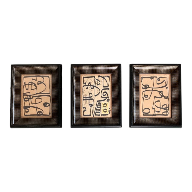 Contemporary 3 Original Wayne Cunningham Abstract Marker Drawings Striped Frames-Set of 3 For Sale