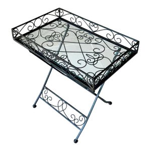 Late 20th-Century Spanish Revival-Inspired Forged Steel Drinks Table With 6mm Glass Insert - Folds Flat for Storage