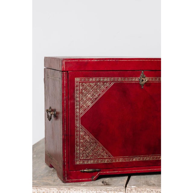 Antique French leather writing box or traveling secretary, found in the South of France. Covered in red leather with gilt...