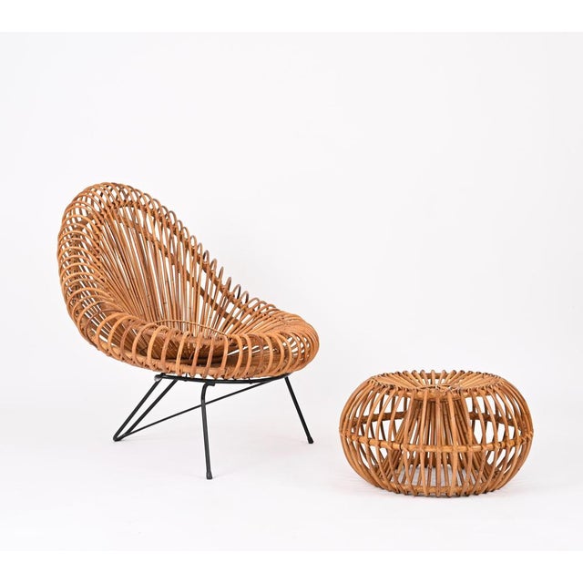 Rattan Chairs, Pouf and Mirror attributed to Janine Abraham & Dirk Jan Rol, 1960s, Set of 4 For Sale - Image 3 of 18