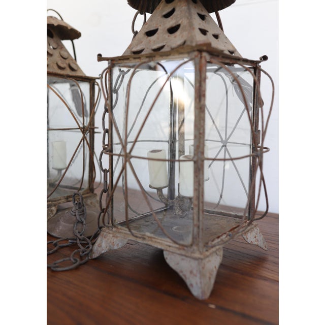 Pair of Antique French Tôle and Glass Lanterns For Sale - Image 6 of 10