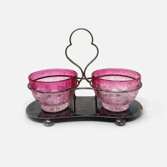 Exquisite Antique Victorian Cranberry Glass Dual Jam Jar Caddy with Ornate Silverplate Stand. No chips or cracks.