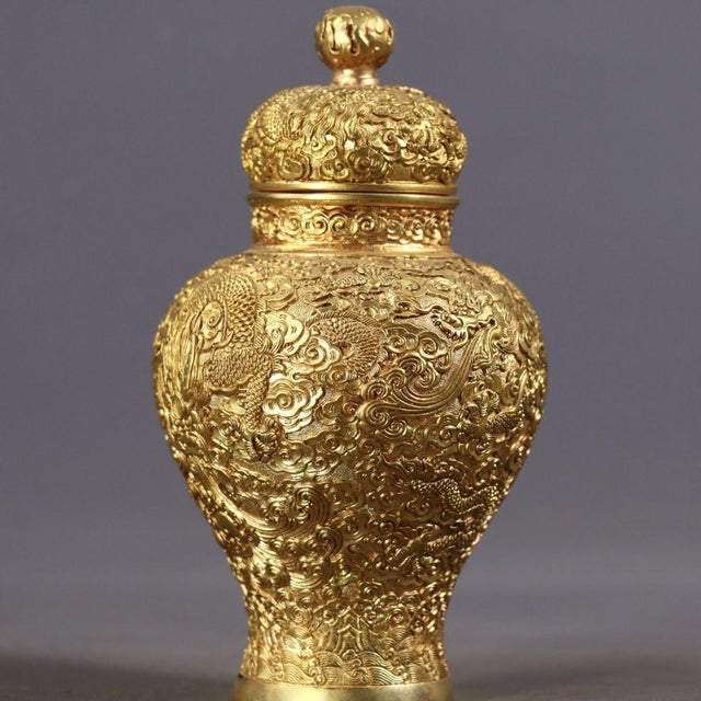 Chinese Early 20th Century Ornate Chinese Gilt Bronze High-Relief Dragon Covered Ginger Jar, "Qianlong" Mark For Sale - Image 3 of 9