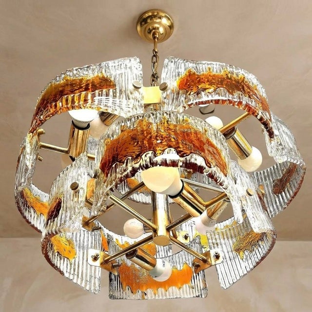 Italian Amber & Ruby Textured Glass Chandelier in Brass, 1970s For Sale - Image 6 of 7