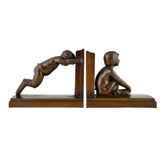 Art Deco Bronze Bookends of Boy and Girl Satyr by Paul Silvestre, 1920s, Set of 2 For Sale - Image 13 of 13