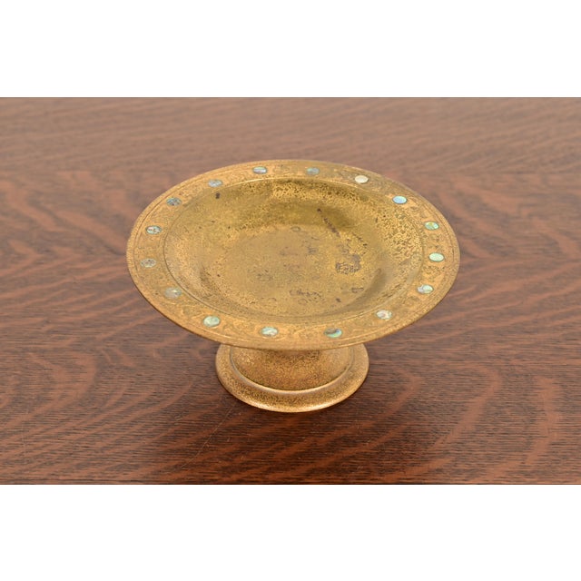Art Deco Tiffany Studios New York Bronze Doré Pedestal Bowl or Compote Dish With Abalone Inlay For Sale - Image 3 of 15