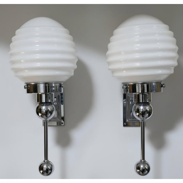 Vintage Art Deco Light Old Lamp Wall Sconces Fixture Nickel Brass & Ribbed Milk Glass Shade Ship Light - Pair For Sale - Image 4 of 5