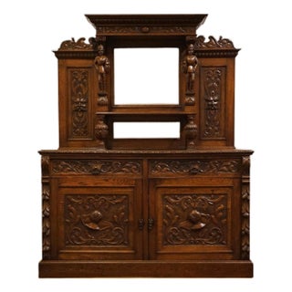 Vintage Antique Solid English Walnut Gothic Jacobean Style 66" Intricately Carved Buffet Cabinet and Mirror Hutch For Sale