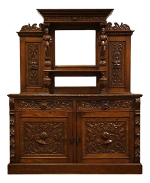 Vintage Antique Solid English Walnut Gothic Jacobean Style 66" Intricately Carved Buffet Cabinet and Mirror Hutch