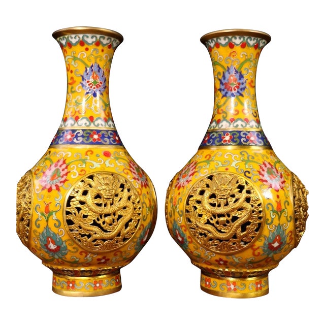 Monumental Chinese Imperial Style Cloisonné Vase With Gilt Openwork Dragon Panels - 13.5 LBS For Sale