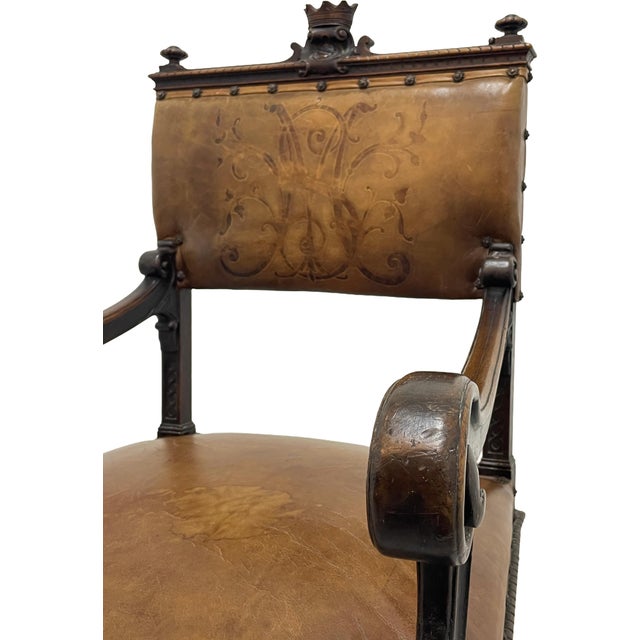 Set of 8 Italian Walnut Dining Chairs With Embossed Leather, Late 19th Century For Sale - Image 9 of 18