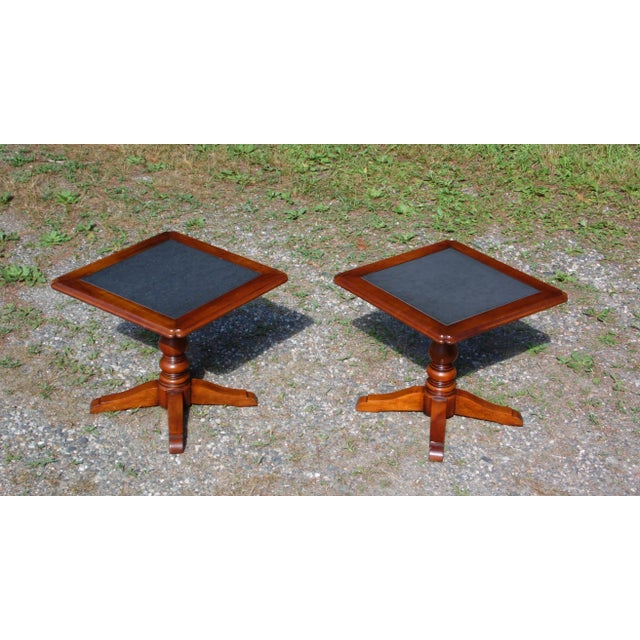 Wood Vintage Pair Statton Oldtowne Solid Cherry Stone Top Pedestal End Tables For Sale - Image 7 of 13
