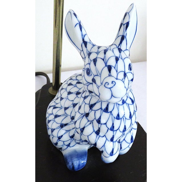 Pair of Petite Bunny Rabbit Table Lamps Blue & White Fishnet For Sale - Image 4 of 9