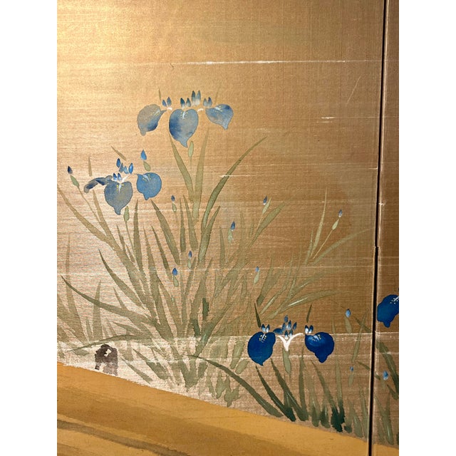 1950s Vintage Japanese Four-Panel Byōbu Hand-Painted Folding Silk Screen Irises Motif 66" X 36" For Sale - Image 5 of 11