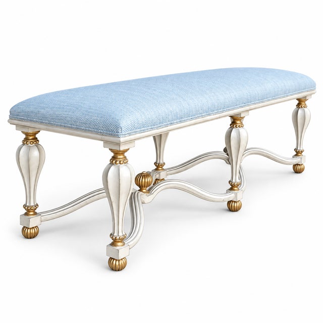 20th-C. Italian Rococo Style Carved & Painted Giltwood Six Leg Bench / Ottoman For Sale - Image 13 of 13