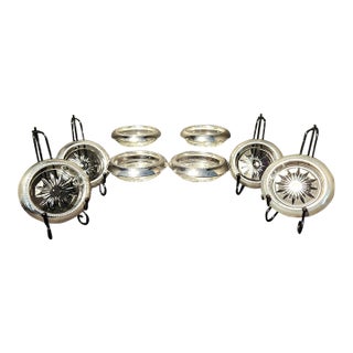 1920s Bernard Inge Sterling Silver & Cut Crystal Starburst Coasters (Matches Whiting) - Set of 8 For Sale