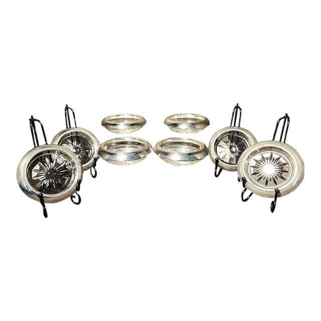 1920s Bernard Inge Sterling Silver & Cut Crystal Starburst Coasters (Matches Whiting) - Set of 8 For Sale
