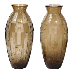 Pair of Art Deco Totem Form Vases in Acid Etched Smoked Geometric Glass by Daum