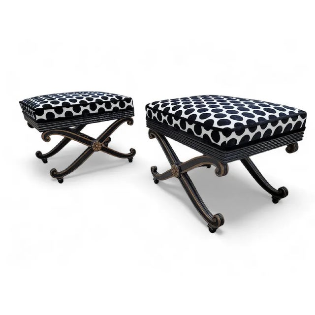 Vintage French Regency Style Ottomans With Ebonized Scrolled Bases, Newly Reupholstered – Pair For Sale - Image 4 of 7