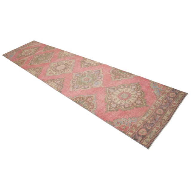 1960s Traditional Turkish Runner Rug Hand Knotted Distressed Low Pile Pink Hallway Decor For Sale - Image 4 of 10