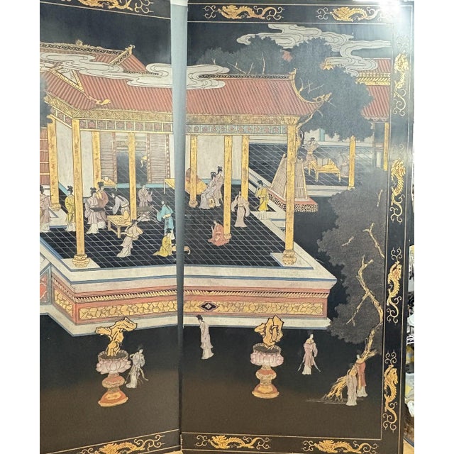 1980s Grand Chinoiserie Palace Scene: 3-Panel Lacquer Screen by Maitland-Smith - A Monumental Work of Hand-Incised Coromandel-Style Artistry For Sale In Portland, OR - Image 6 of 10