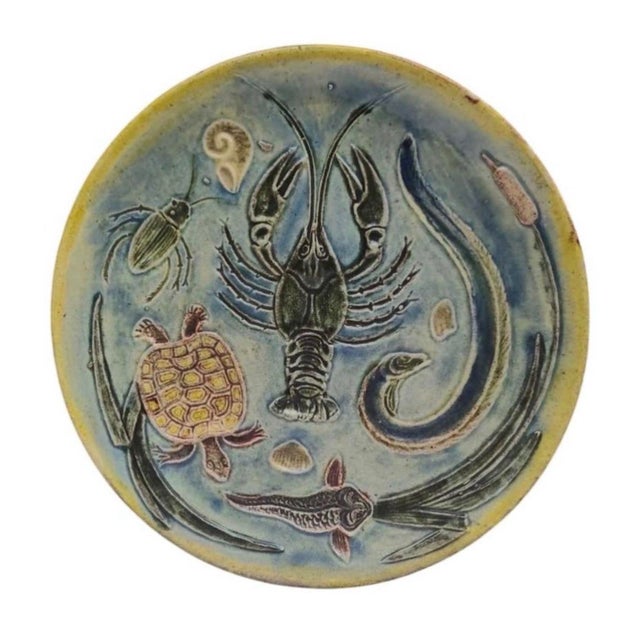Pair of 19th Century French Majolica Palissy Platters. Turtle,eel,shells,fish,lobster,reeds. 9 inches diameter.