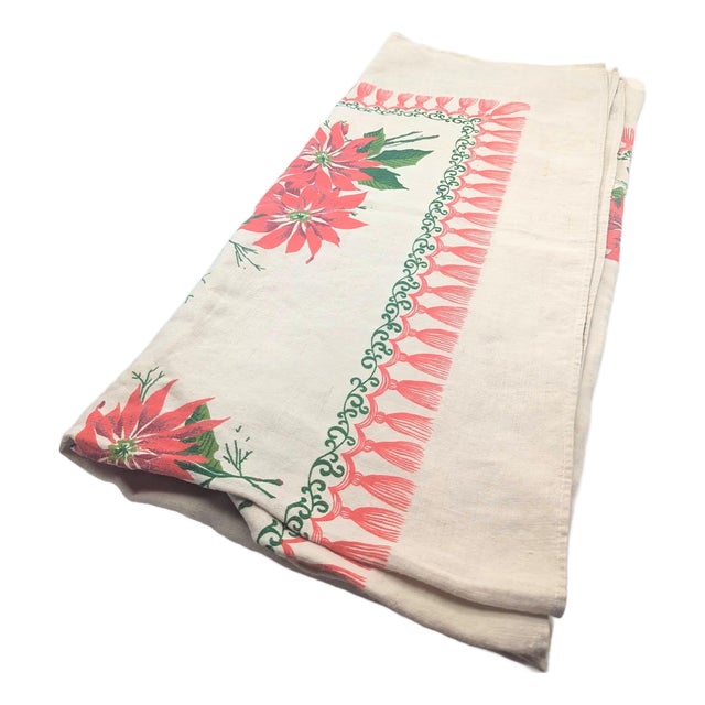Vintage Square Linen Christmas Tablecloth For Sale