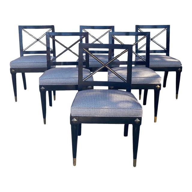 Vintage Directoire Style Black & Gold Dining Chairs Modern Chic - Set of 6 For Sale