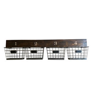 Pottery Barn Rustic Industrial 4-Basket Wall Organizer With Numbered Wood Backboard For Sale
